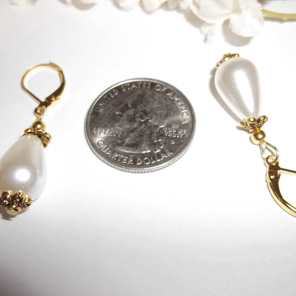 White Gold Pearl Teardrop Earring Dangle Drop Pearl Earring Pearl Earring 3933 - Picture 4 of 5